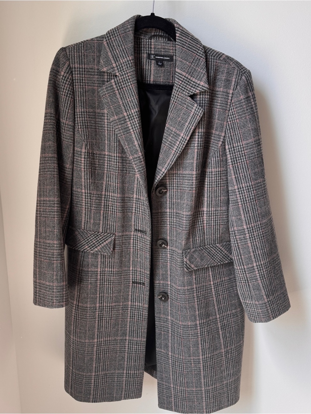 INC International Concepts Grey Plaid Trench Coat with Subtle Pink Accents